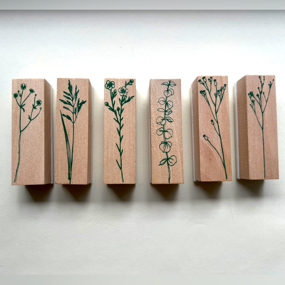 Six Floral Botanical Wood Mounted Rubber Stamps Flowers